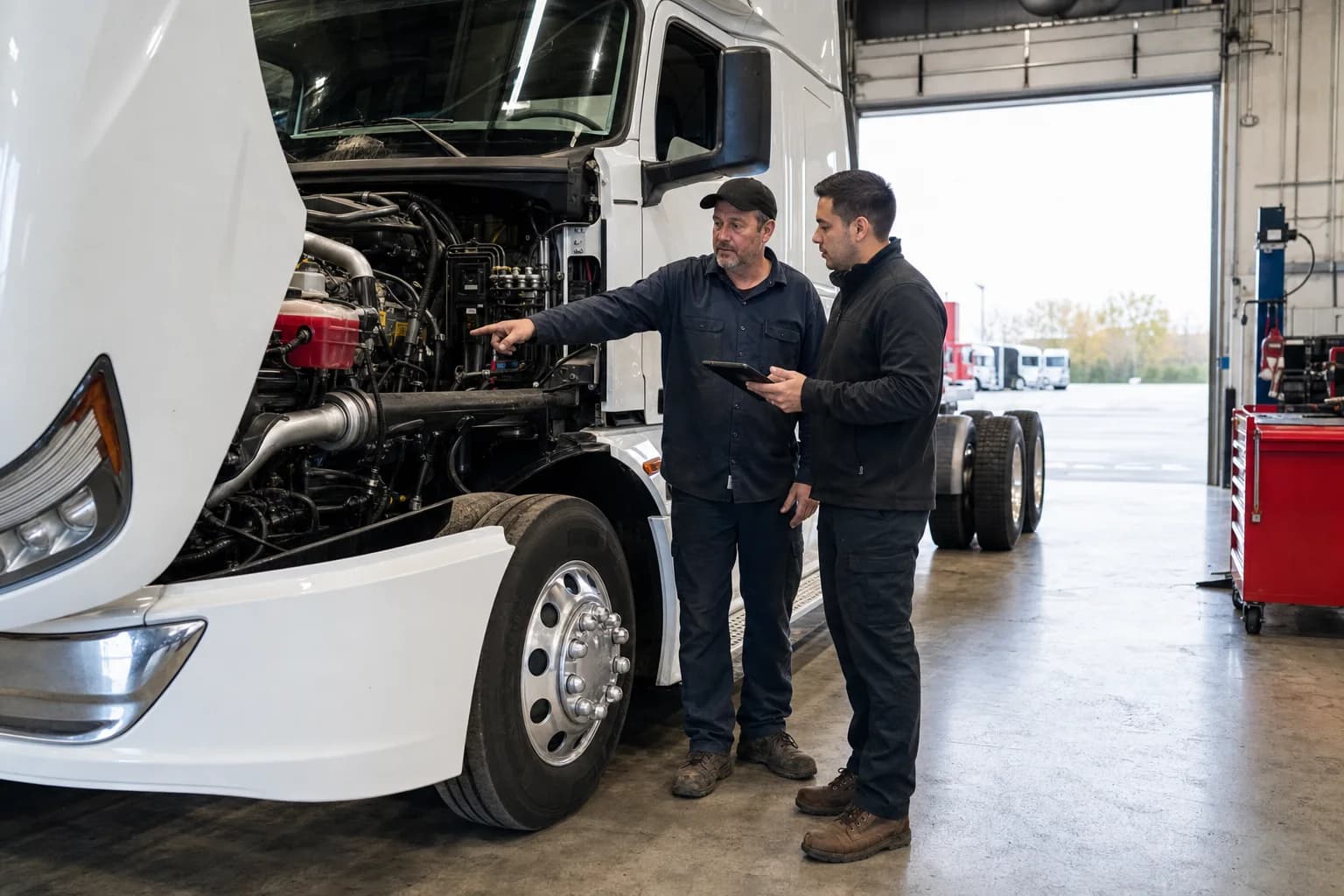 Arrow Truck Line Watertown technician and buyer inspecting a truck engine